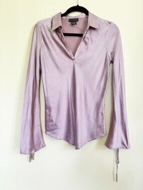 Silk Blouse in Pink with Sleeve Ties and deep V Neckline Size Small